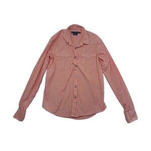 VTG Ralph Lauren Peach‎ Striped Top Diamond Pearl Snap Western Cowgirl Women's 6